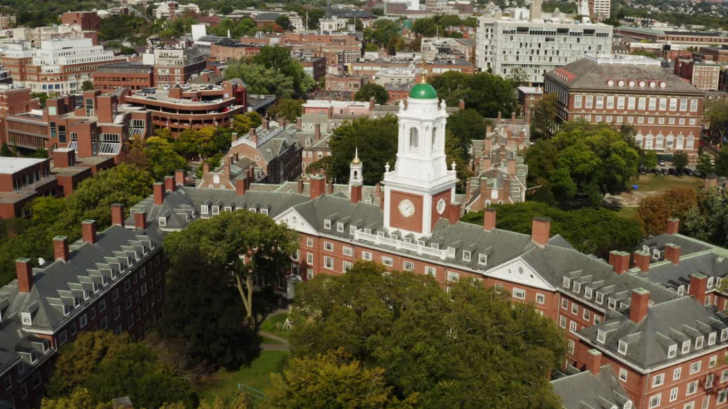 Aerial view of Harvard Yard in Cambridge Massachusetts